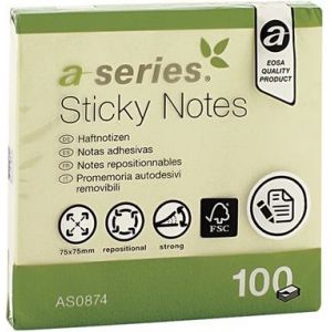 Notes adeziv, 75 x 75 mm, galben pastel, A-Series